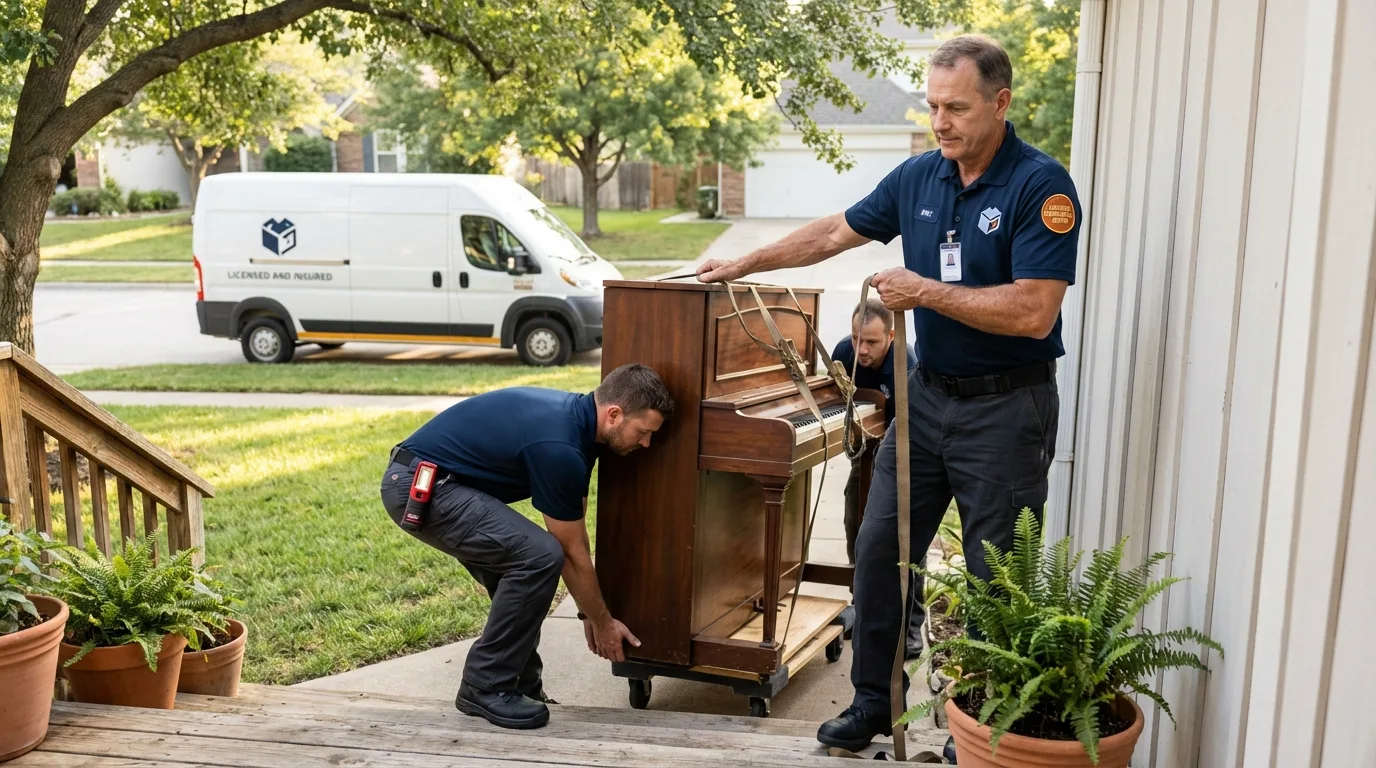 Licensed piano movers securing grand piano in Okeene, OK