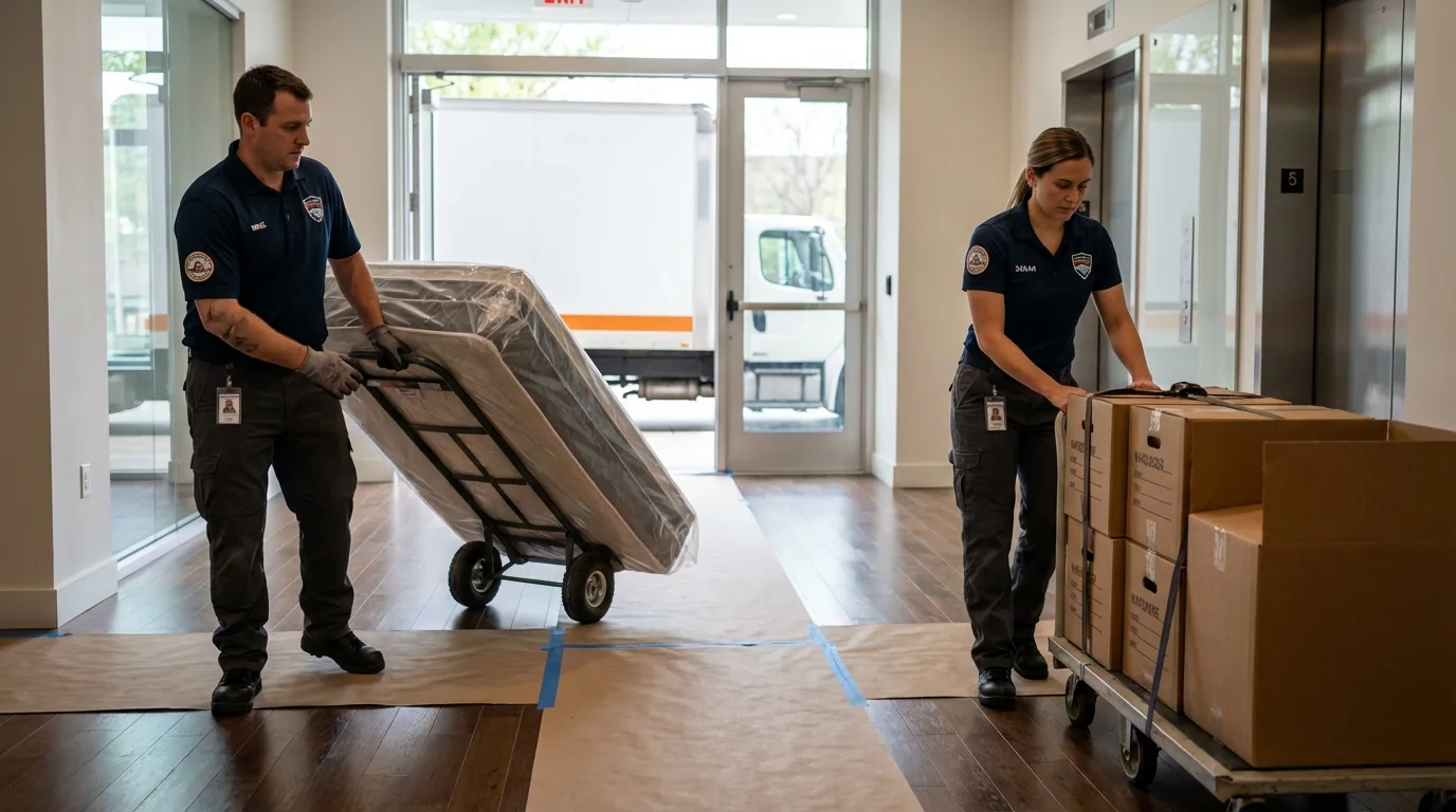Professional apartment movers loading elevator in Okeene, OK